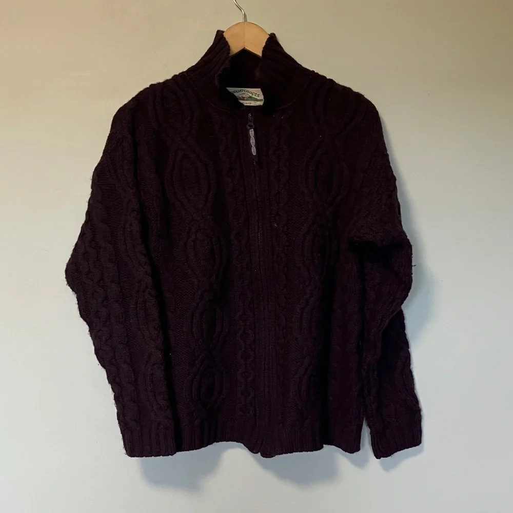 Aran Crafs 100% Merino Wool Men's Cable Knit Sweater Full Zip Cardigan - Purple - Picture 1 of 4